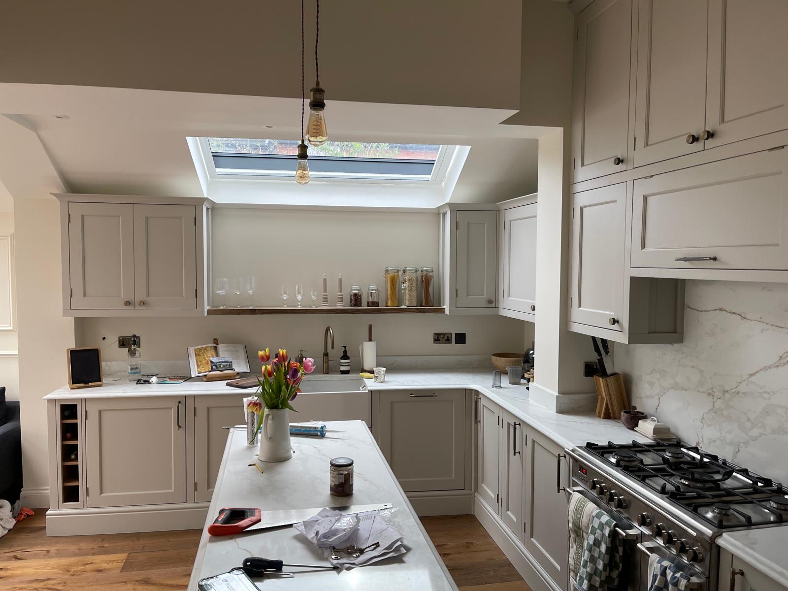 Finished kitchen extension with marble worktops and rooflight